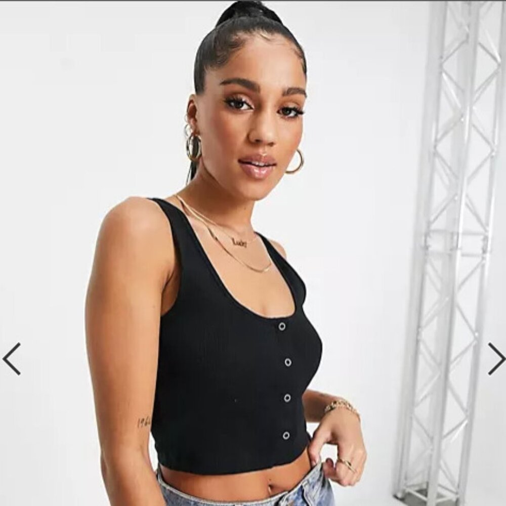 Womens ASOS DESIGN snap front crop ribbed tank top in black Size UK 8 US 4 Small